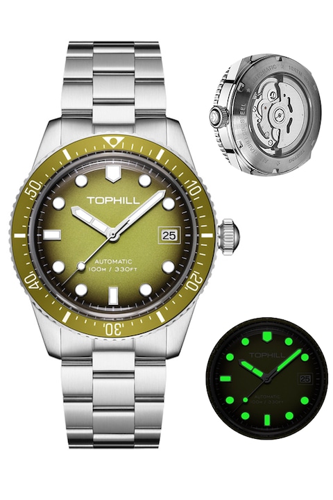 TOPHILL ceas de mana barbatesc, ceas de diving, mecanism automat japonez NH35, 100m rezistent la apa, otel inoxidabil 316, 10ATM, luminescent, cu fereastra pentru data, diametru 40mm, Verde