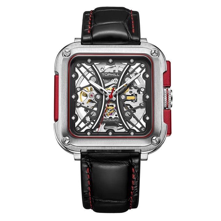 TOPHILL Мъжки механичен часовник skeleton, 50 м водоустойчив, автоматичен механизъм, сапфирен кристал, двойна закопчалка тип пеперуда, супер ярко осветление, Сребрист