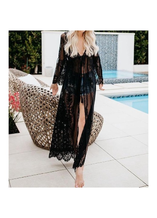 Női strandtakaró, Wisolt, csipke, fényvédő, fekete, hosszú