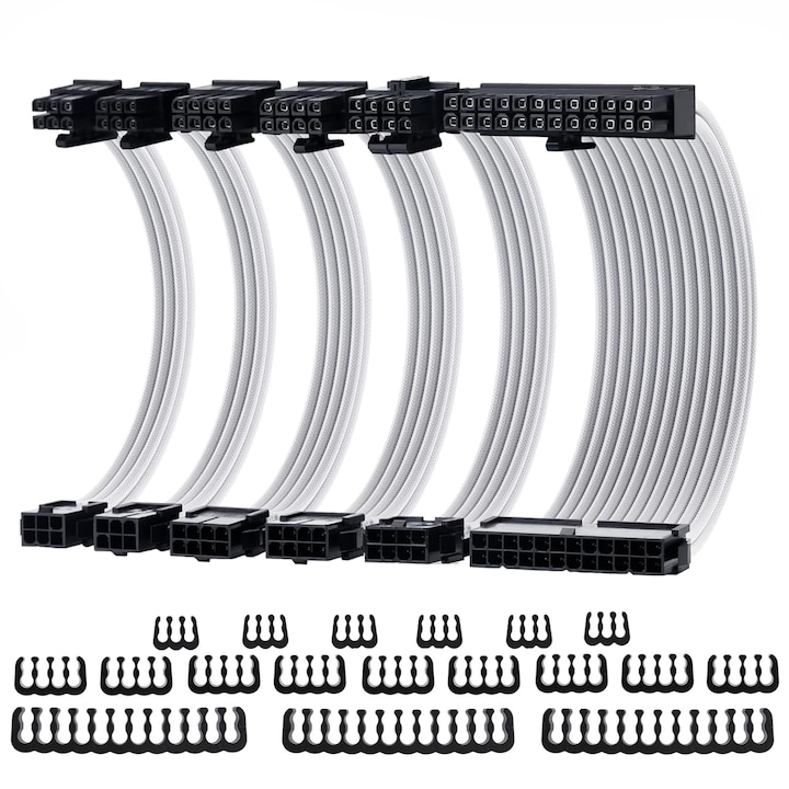 Комплект кабелни удължители Source, SINBINTA, 1x24PIN, 1x8PIN(4+4), 2x8PIN(6+2), 2x6PIN, 18AWG, Устойчив на корозия и износване, Без изкривявания при предаване, Без фантом или закъснение, Устойчив на множество плъгини и издърпвания, PVC, 30 см, Бял