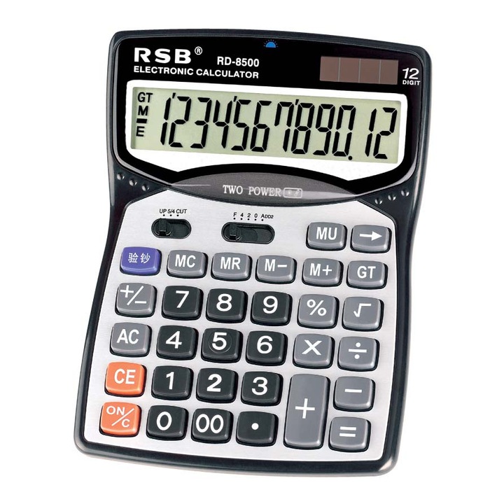 Настолен калкулатор RSB RD-8500 XXL, 20х15 см, Соларно зареждане плюс батерия, Голям дисплей, безшумни клавиши, Сив и черен, Включена батерия