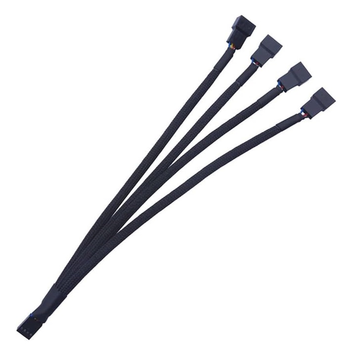 Кабел за преобразуване на вентилатор, SINBINTA, сплитер 1 вход - 4 изхода, 4 пина 12V PMW, устойчив на корозия и износване, стабилно захранване, за компютърен процесор/вентилатор на кутията, PVC/ калайдисана мед, 26,5 см, черен