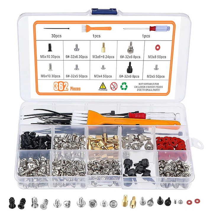 Комплект от 362 компютърни винта, SIBINTA, Подходящи за монтаж и ремонт на дънни платки, вентилатори, Оборудвани с пластмасова кутия за съхранение, Лесни за инсталиране, Метални, 10 размера, Многоцветни