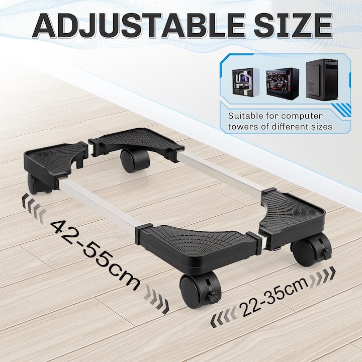 Suport Mobil pentru PC, SINBINTA, Suport pentru PC Reglabil pentru Podea, Max 50kg, Cu 2 roti rotative/blocabile, Anti-alunecare, Disiparea caldurii si rezistenta la umiditate, Lungime reglabila 42-55cm, Latime reglabila 22-35cm, PP/Otel, Negru