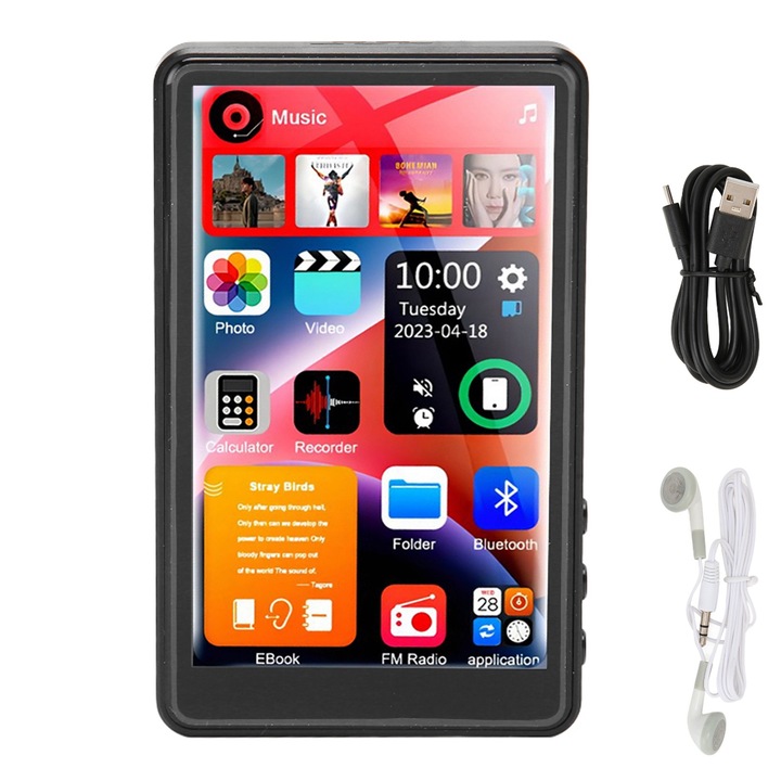 MP3/MP4 lejátszó érintőképernyővel, SINBINTA, Bluetooth, 4,0 hüvelykes képernyő, 16 GB belső memória, FM rádió, e-könyv olvasás, veszteségmentes Hi-Fi hangminőség, videólejátszás támogatása, 1000 mAh, Hordozható, Fém, 16x12x5cm, Fekete