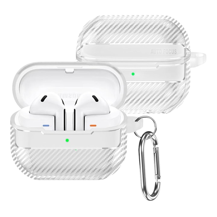 Husa pentru Samsung Galaxy Buds 3 / 3 Pro, SINBINTA, Husa Casti, Cu breloc carabina, Incarcare wireless, Rezistenta la socuri, Anti-zgarieturi, Rezistent la praf, Impermeabil, Usor de instalat si curatat, TPU, 75x52x26mm, Transparent