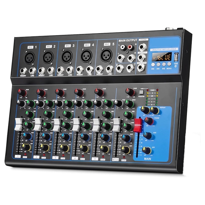 Mixer Audio profesional, Rqiurpn, 7 Canale, conexiune Bluetooth, cititor USB, 48V, Potrivit pentru petreceri profesionale de inregistrare, KTV si scena, Albastru/Negru