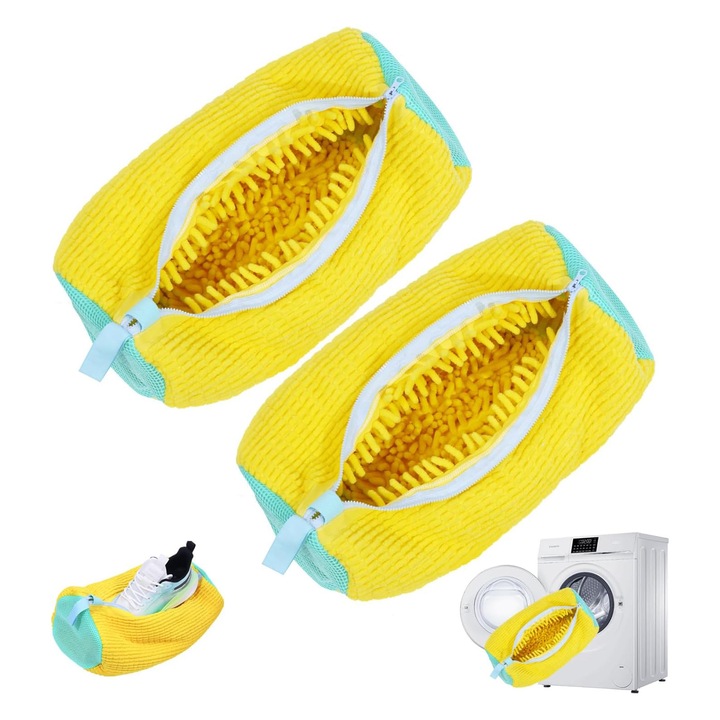 Set 2 saci plus suporti pentru spalat adidasi anti-deformare si fara transfer de culori, sac pentru curatarea pantofilor pentru toate tipurile de pantofi, sac pentru pantofi pentru spalat si uscator, OUYLAF, galben