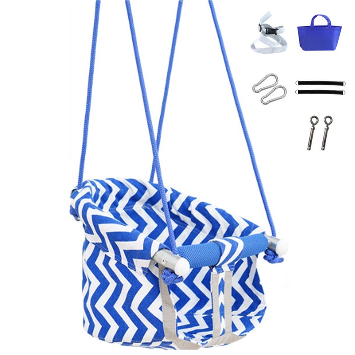 Люлка за бебета и деца, SINBINTA, Висяща люлка с предпазен колан, Максимално натоварване 100 кг, Регулируемо въже 1.8 м, Функция против преобръщане, За вътрешна и външна употреба, Текстил/Метал, 35x35x17 см, Син/Бял