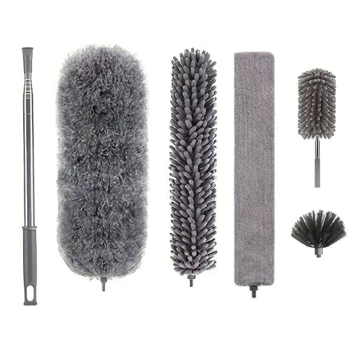 Set de 6 Pamatuf pentru Praf, SINBINTA, Pamatuf Microfibre Pentru Curatat Praful, Maner aluminiu extensibil pana la 2.8 m, detasabil, Reutilizabil dupa spalare, Usor de folosit/curatat, Pentru locuri greu Accesibile, Inox, Gri