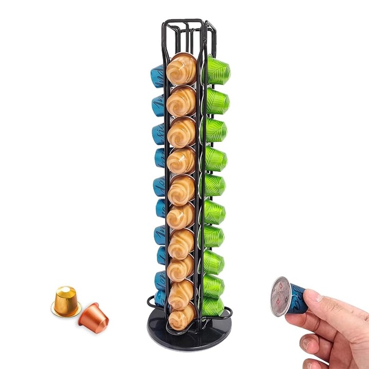 Suport 40 Capsule Nespresso, SINBINTA, Suport Modern pentru Capsule de Cafea, 360 de grade rotativ, Economie de spatiu, Vertical, Usor de curatat si folosit, Pentru birou sau acasa, Fier, 38x12cm, Negru