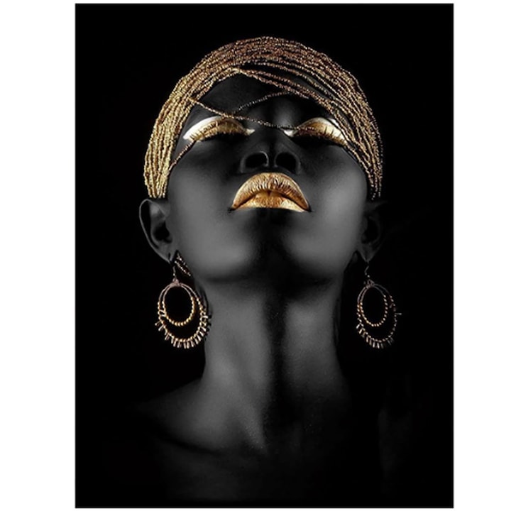 Tablou Canvas Premium, SINBINTA, Tablou Decorativ pentru Living, Tablou personaj, Black woman cu golden lips, Africana princess, Face skin, Modern art, Pentru dormitor, sufragerie, Textil, 70 x 60cm, Negru/Auriu