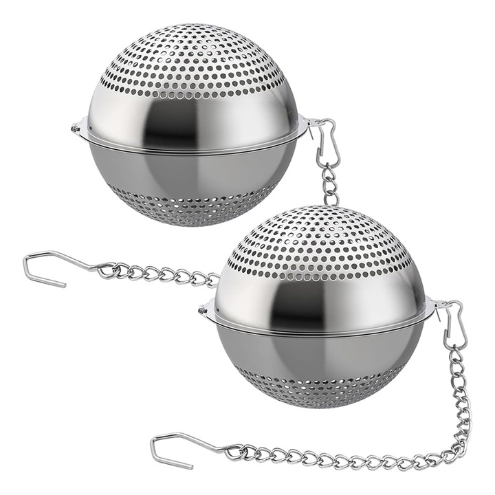 2 db 304-es rozsdamentes acélból készült teaforrázó készlet, 5 cm, 2 tartóval, 15 cm-es láncokkal, kerek
