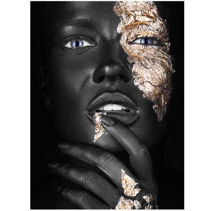 Картина върху платно, SINBINTA, Декоративна картина за стена в хол, Картина с герои, Чернокожа жена със златни устни, Африканска принцеса, Кожа на лицето, Модерно изкуство, За спалня, хол, Текстил, 70 x 60 см, Черен / Златист цвят