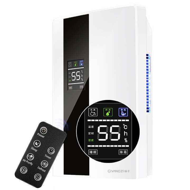 Dezumidificator Electric, SINBINTA, 300ml/24H, Silentios 25 dB, Rezervor 1.8l, 65 W, Anti-mucegai, Auto-dezghetare, Temporizator 24 de ore, Display LCD, Pentru casa/subsol/birou, ABS, 24.5x13.7x37.5cm, Gri/Negru