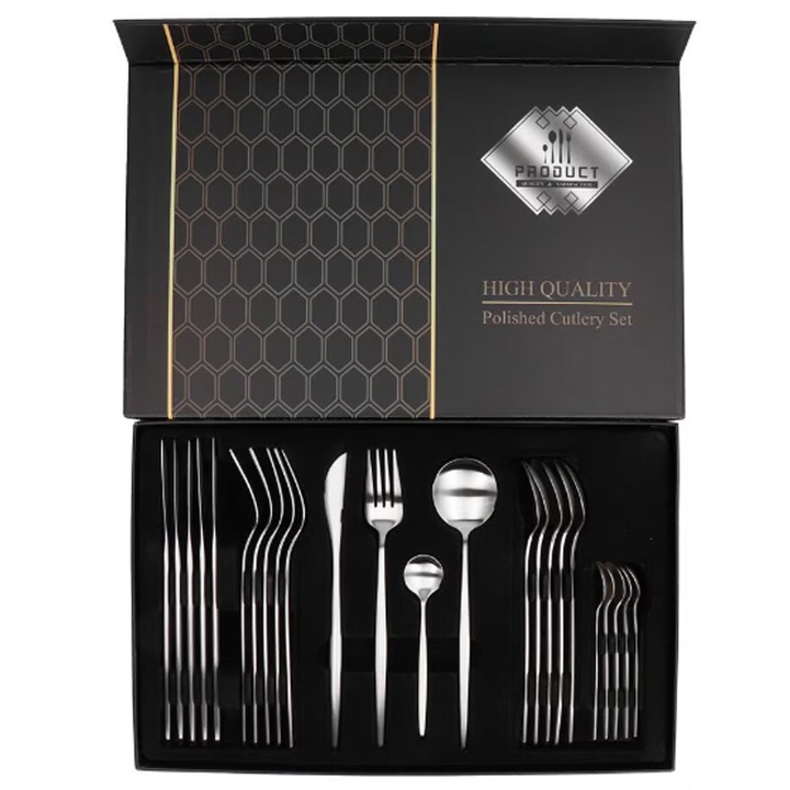 Set de Tacamuri din Otel Inoxidabil 24 Piese, SINBINTA, 6 x Cutit de friptura, 6 x Furculite, 6 x Lingura, 6 x Lingura de ceai, Rezistent coroziune, Lustruit in oglinda, Pentru ocazii speciale, mese festive si utilizare zilnica, 40x25.5x5.5cm, Argintiu