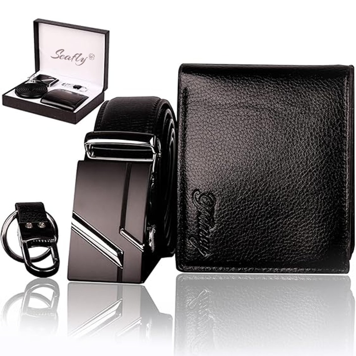 Set Cadou pentru Barbati 3-in-1, Seafly®, Piele Artificiala, Portofel, Curea, Breloc, Potrivit Pentru Tata, Sot, Coleg, Cadou de Ziua Tatalui, Cadou de Ziua Indragostitilor, Negru