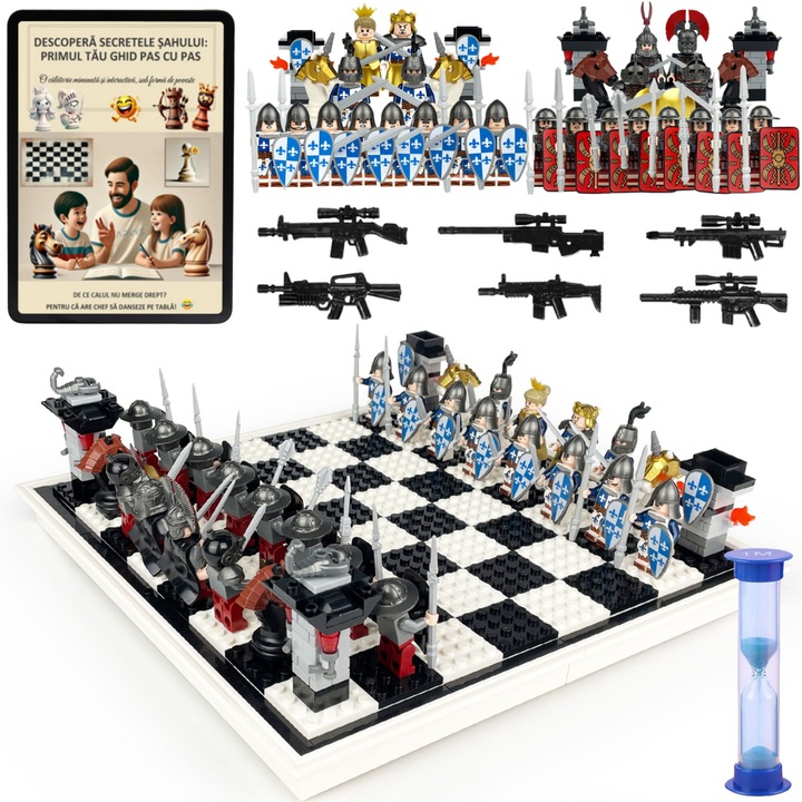 Joc Sah Junior Educational pentru Copii ARVYS®, Interactiv, Blocuri de Constructie, Clepsidra Timp 1 minut, 6x Arme Compatibile si Ghid Color Interactiv Sah incluse