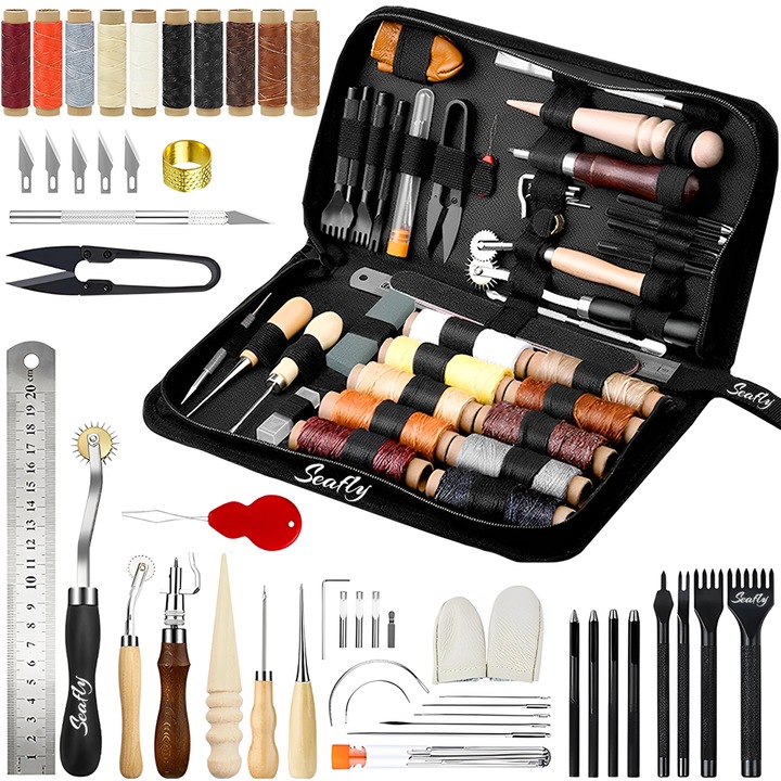 Set de Scule din Piele, Seafly®, 51 piese, Fir Cerat, Buzdugan, Coasere si Perforare, Artizanat din Piele, Cadouri Pentru Adulti, Negru