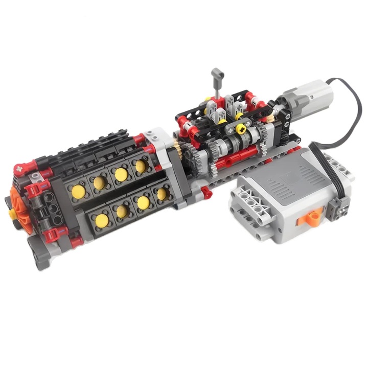 Set de Blocuri de Constructie Mecanica, Simulare Educationala, Cutie de Viteze cu 6 Trepte + Motor V16 + Combinatie Motor si Cutie de Baterii, Negru