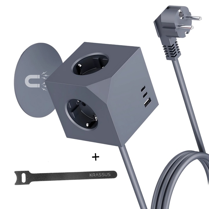 Krassus power cube Удължителна розетка, с кабел 1,5 м, магнитна дръжка, 3 гнезда Schuko EU, 2 USB тип C, USB A, PD 20W 3A, 3680W 16A, сиво