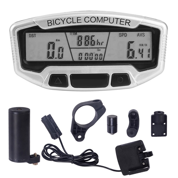 Велокомпютър, Autocise, 28 функции, осветен LCD дисплей, 9x4.5x1.5cm, сребрист