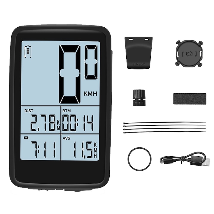 Ciclocomputer wireless, Autocise, display mare, design waterproof, 6.5x4x1.6cm, negru