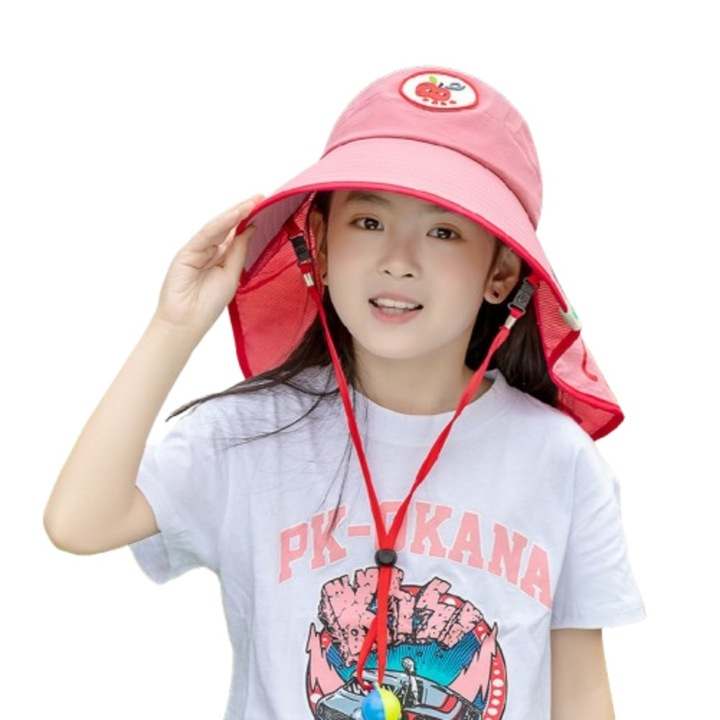 Детска слънчева шапка Wisolt с голяма периферия, защита за врата, червена, 48x56см