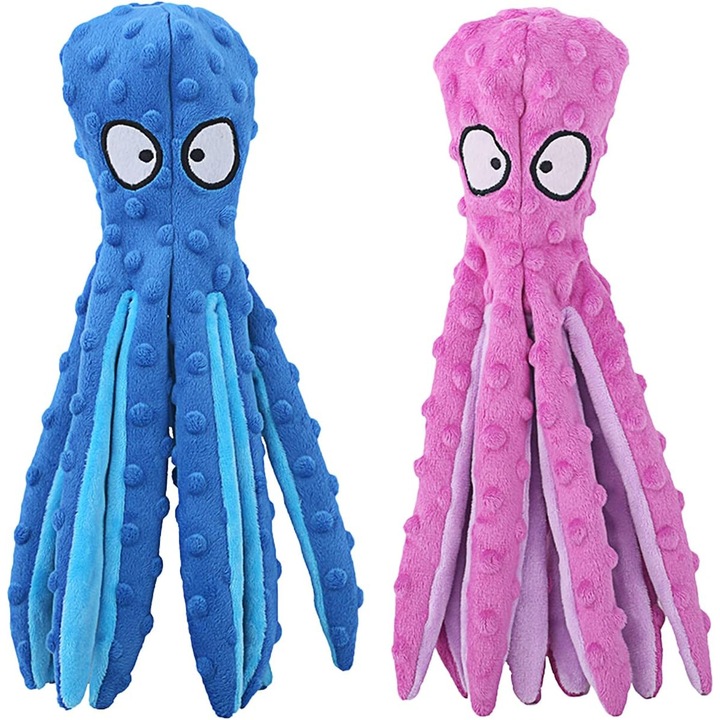 Jucarii de plus pentru caini, 2 bucati, octopus, fara umplutura, interactiv, culori albastru si mov, pentru rase mari, medii si mici