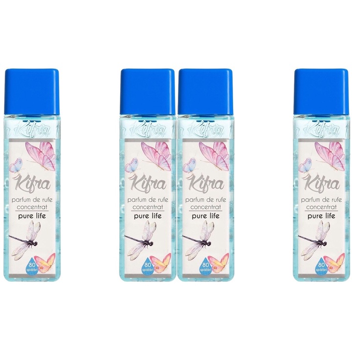Kifra Pure Life Mosóparfüm készlet, 4 db, 200 ml 80 mosás, gyors és hatékony, bőrgyógyászatilag tesztelt, hosszan tartó frissesség, eltünteti a kellemetlen szagokat, mélytisztító hatású, kellemes illatú