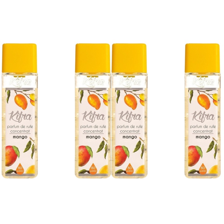 Kifra Mango Mosóparfüm készlet, 4 db, 200 ml 80 mosás, gyors és hatékony, bőrgyógyászatilag tesztelt, hosszan tartó frissesség, eltünteti a kellemetlen szagokat, mélytisztító hatású, kellemes illatú