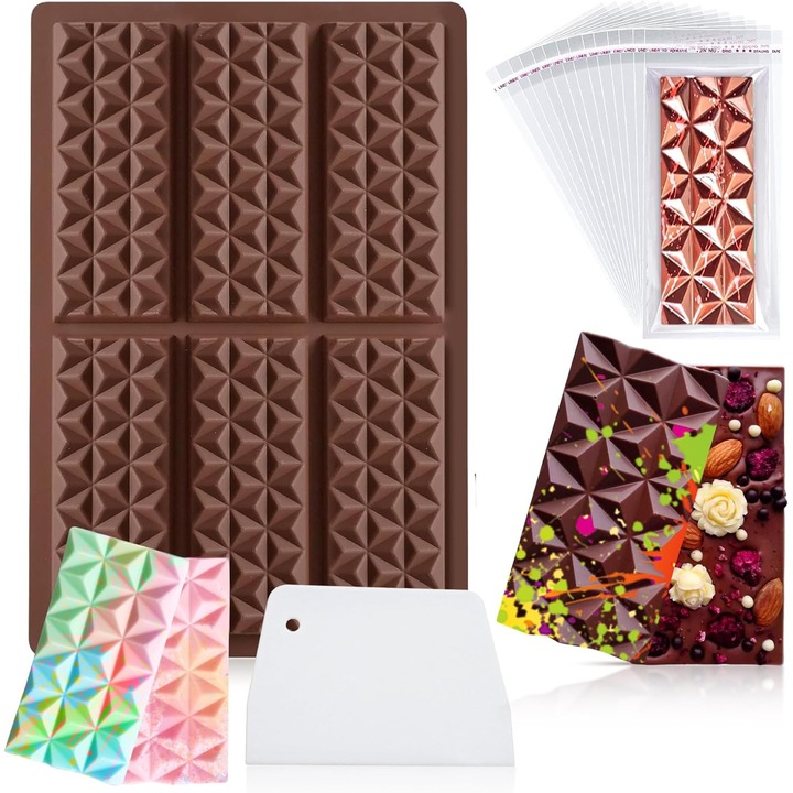 Forma prajituri cu 6 cavitati, set cu 100 pungi, silicon/plastic, rezistent la temperaturi de -30C la +230C, pentru ciocolata, Forma de diamant