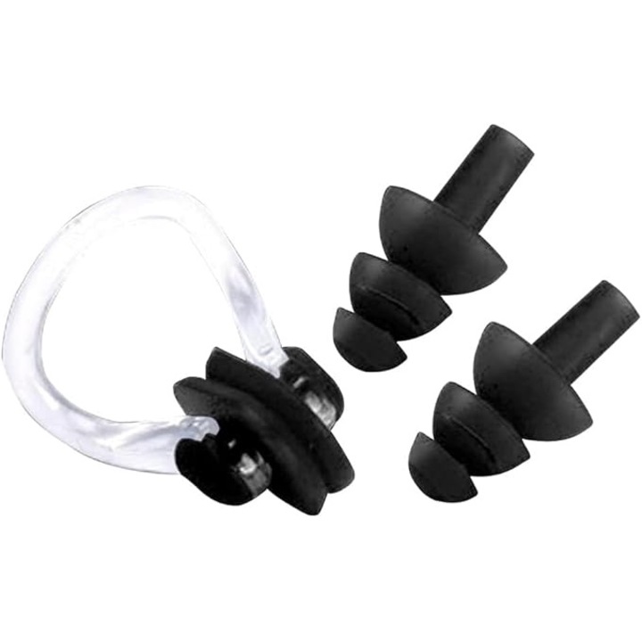 Set cleme pentru nas si dopuri de urechi pentru inot, Negru, Cu cutie