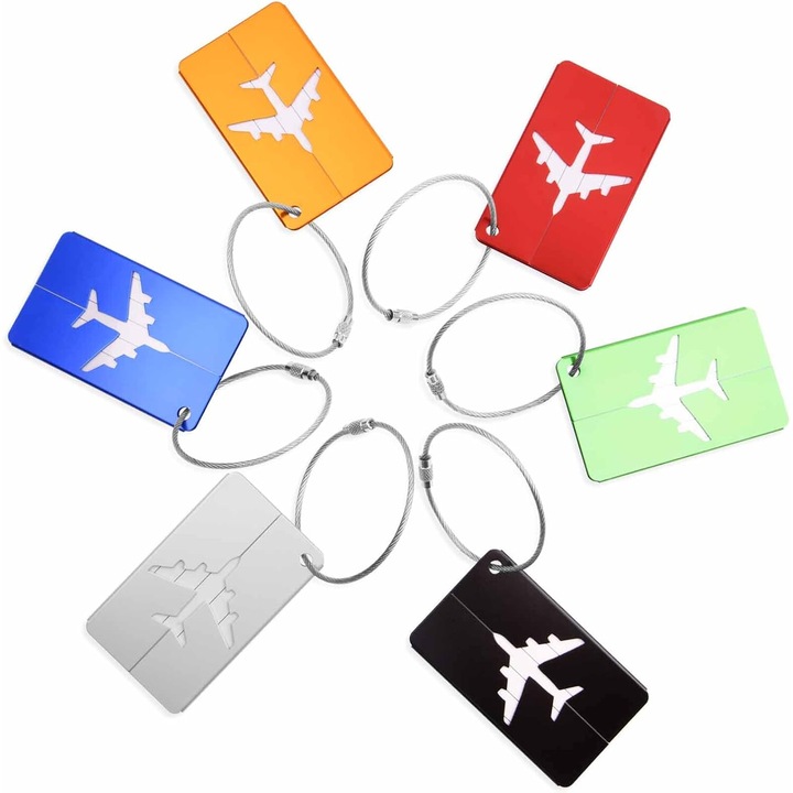 Set 6 etichete de bagaj din aluminiu, multicolor, 7.5x4.5cm
