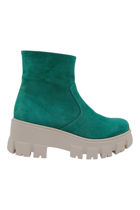 Ghete dama casual, piele intoarsa, talpa masiva demi-wedge, fermoar pe lateral, verde