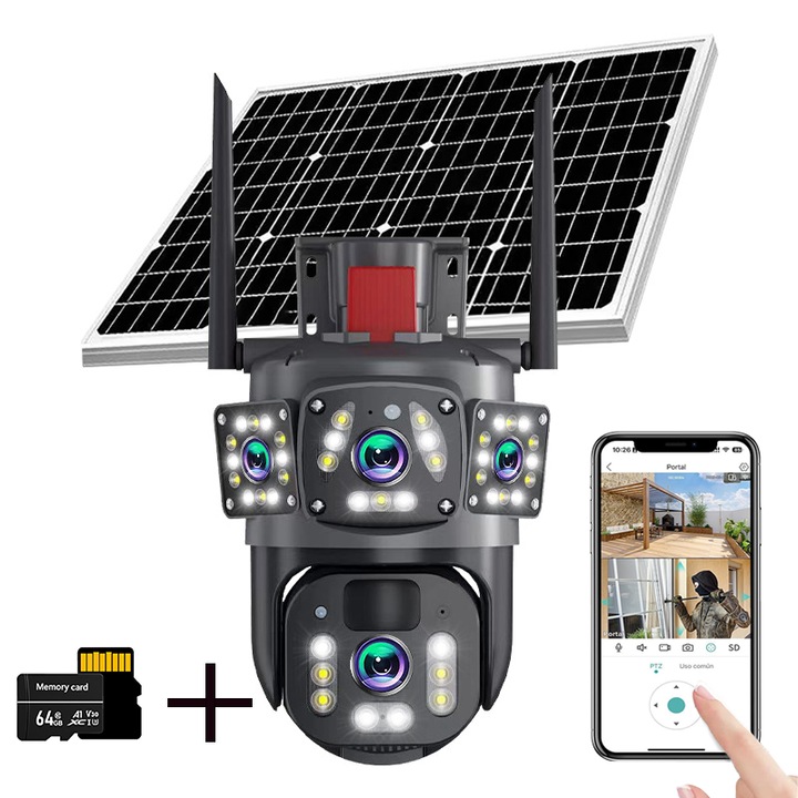 Camera tripla, reincarcabila solara, cu card de memorie 64G, exterior/interior, Ultra HD, zoom 5x, rotativa, LED, comunicare bidirectionala, alarma, senzor de miscare, negru