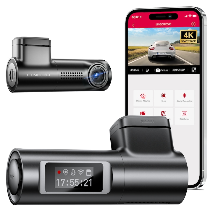 LINGDU® D500 DVR камера за кола, 0,96” LCD екран, 4K предна камера с WiFi и GPS, Гласов контрол, WDR нощно виждане, 150° широкоъгълен, Type-C порт, G-сензор, Циклично записване, Режим на паркиране, Черен