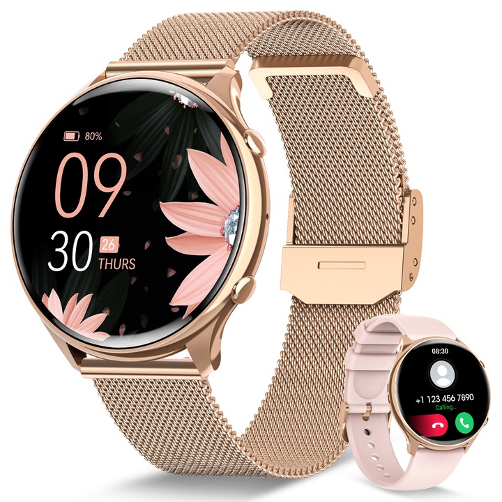 FOSMET női okosóra fitnesz karkötő, 1,39 hüvelykes HD képernyő, hívások fogadása és kezdeményezése, Bluetooth 5.3, női funkció / pulzusmérő / vérnyomásmérő / SpO2 / alvás, 120+ sportmód, lépésszámláló, kalória, Android iOS rózsaszín arany