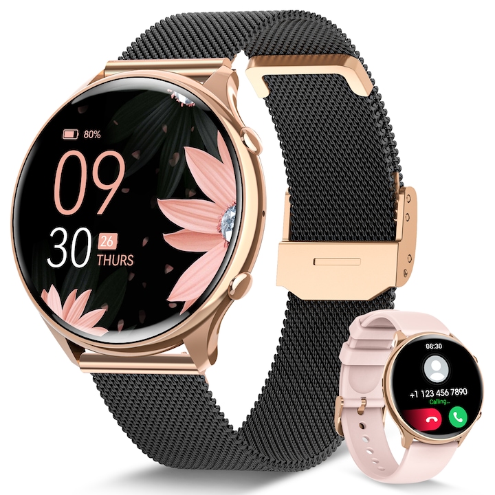 FOSMET női okosóra fitnesz karkötő, 1,39 hüvelykes HD képernyő, hívások fogadása és kezdeményezése, Bluetooth 5.3, női funkció / pulzusmérő / vérnyomásmérő / SpO2 / alvás, 120+ sportmód, lépésszámláló, kalória, Android iOS fekete arany