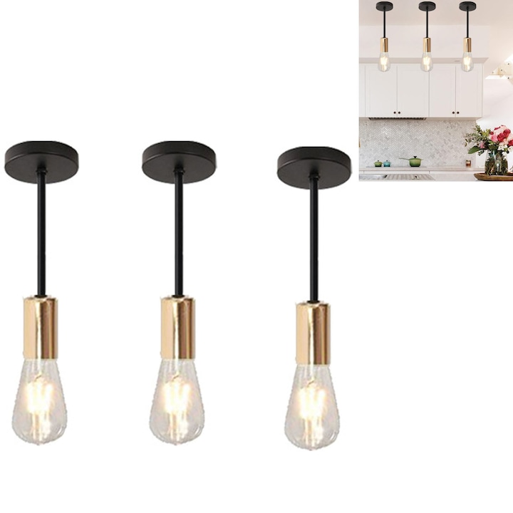 Set 3 lustra moderna, Hggzeg, Lustra tip pendu, Toolight, E27, 40W, Fara bec, Stil industrial, Suport liniar, Montare pe tavan, Pentru dormitor sufrageria bucatarie holul birou, Fier, 10x28cm, Negru/Au