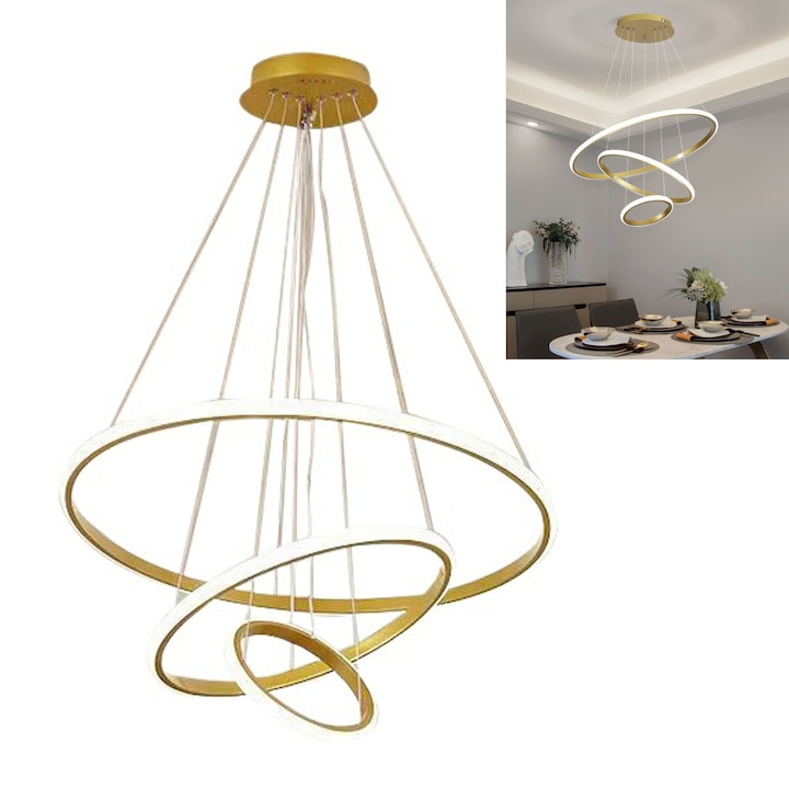 Lustra moderna cu led, Hggzeg, Lustra tip pendu, Tricolor light, 55W, 3000k/4000k/6000k, Usor de curatat, Suport liniar, Usor de folosit, Pentru dormitor sufrageria bucatarie holul birou, Fier, 20/40/60x20cm, Aur