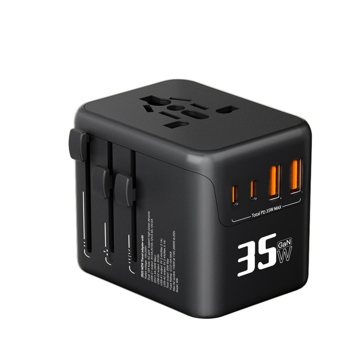 Adaptor de calatorie universal 30W, 13 prize, dimensiuni 6.7x5.1x5.6cm, negru