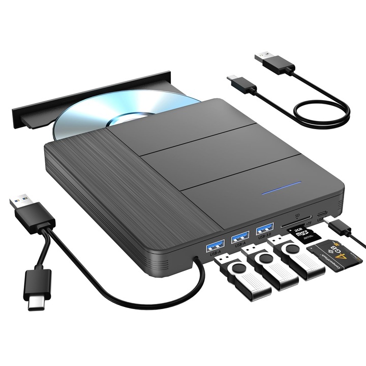 Външно DVD записващо устройство, 7 в 1, USB 3.0, DVD +/-, DVD RW / CD ROM устройство, 4x USB-A 2.0, TF SD четец за карти, Съвместимо с лаптоп, PC, настолен компютър, Mac Book, Windows 11/10/8/7, Черно