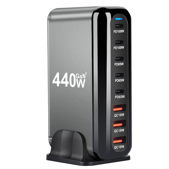 440 W-os GaN 8 portos töltőállomás, 5 USB-C és 3 USB-A, PD max. 100 W, PD 3.0, QC3.0, univerzális töltés laptopokhoz és telefonokhoz, fokozott védelem és hatékony hőelvezetés, világosszürke