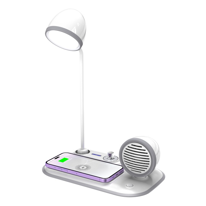 Lampa LED birou cu Incarcator Wireless si Difuzor, 15W fast charge Wireless, 3 moduri de iluminare, reglaj al luminozitatii, Compatibil Apple si Android, Alb