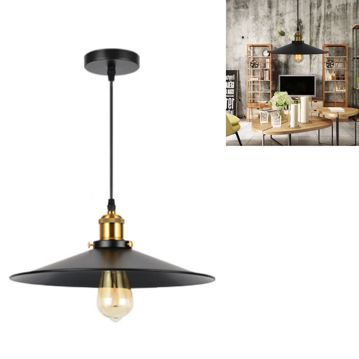 Lustra simpla tip pendul, Hggzeg, Lustra tip pendu, Lustra vintage, E27, 60W, 120cm, Cablu reglabil, Usor de curatat, Usor de folosit, Pentru dormitor sufrageria bucatarie holul birou, Fier, 20x11x10cm, Negru