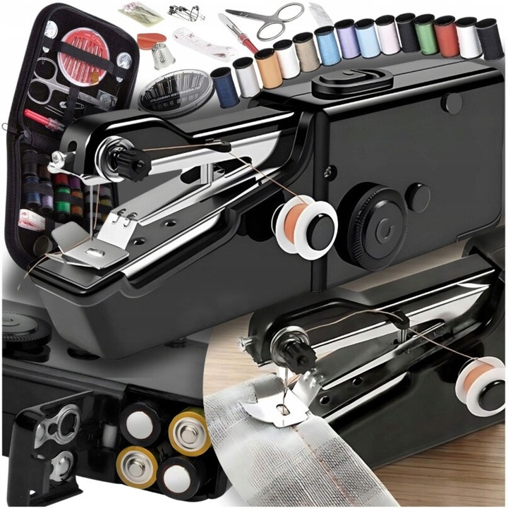 Excitat Мини преносима шевна машина, преносима, практична, лесна за употреба, USB кабел, пластмаса/метал, включва 16 цвята конци, ножици, копчета и други аксесоари, подходяща за начинаещи, домашна употреба, пътуване и почивка, черна