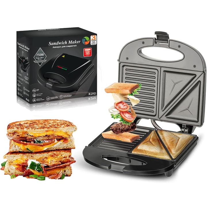 Уред за сандвичи, 2 в 1 машина за закуска за сандвичи и гофрети, Excitat®, Excitat®, R.212-220V, 750W, 1 комплект подвижни чинии, първокласно незалепващо покритие, тава за събиране на мазнини, неръждаема стомана/Черен