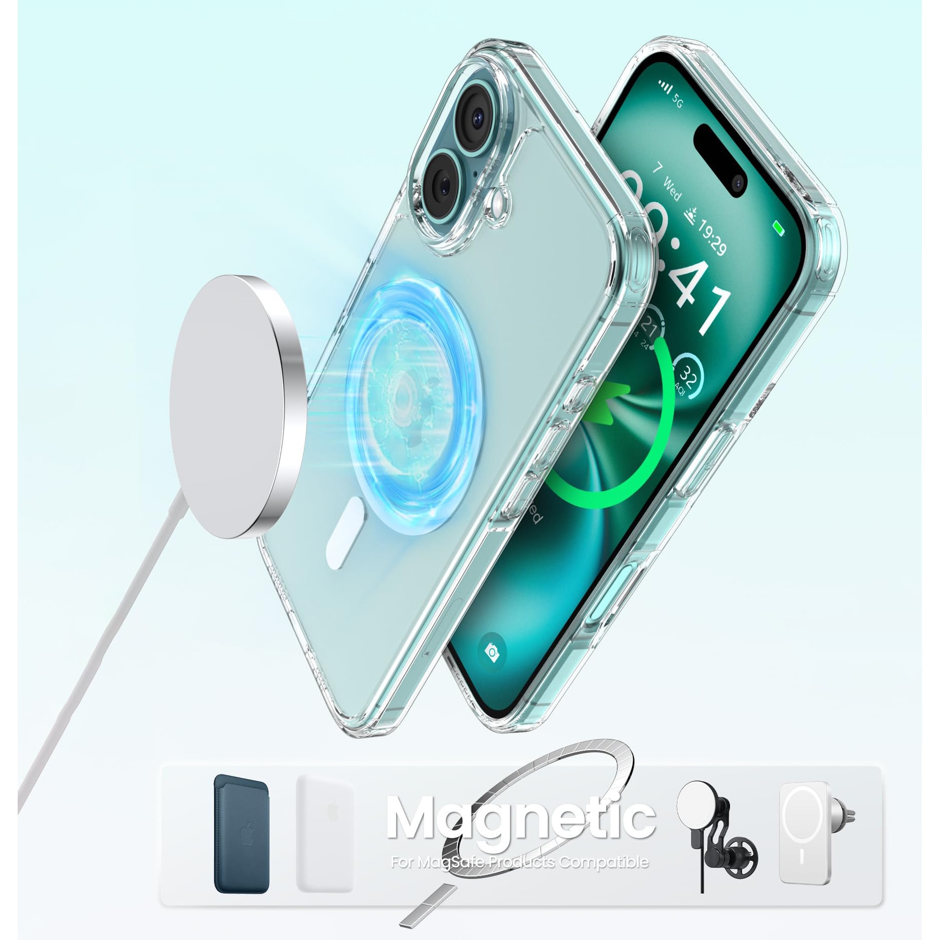 Husa de Protectie, MagSafe, MOGU, Compatibil iPhone 16 plus, impermeabila, rezistenta la zgarieturi, airbag anti-cadere, absorbtie de soc anti-coliziune pe patru fete, din material PC+TPU pentru rezistenta la ingalbenire, grosime 1,5mm, transparenta