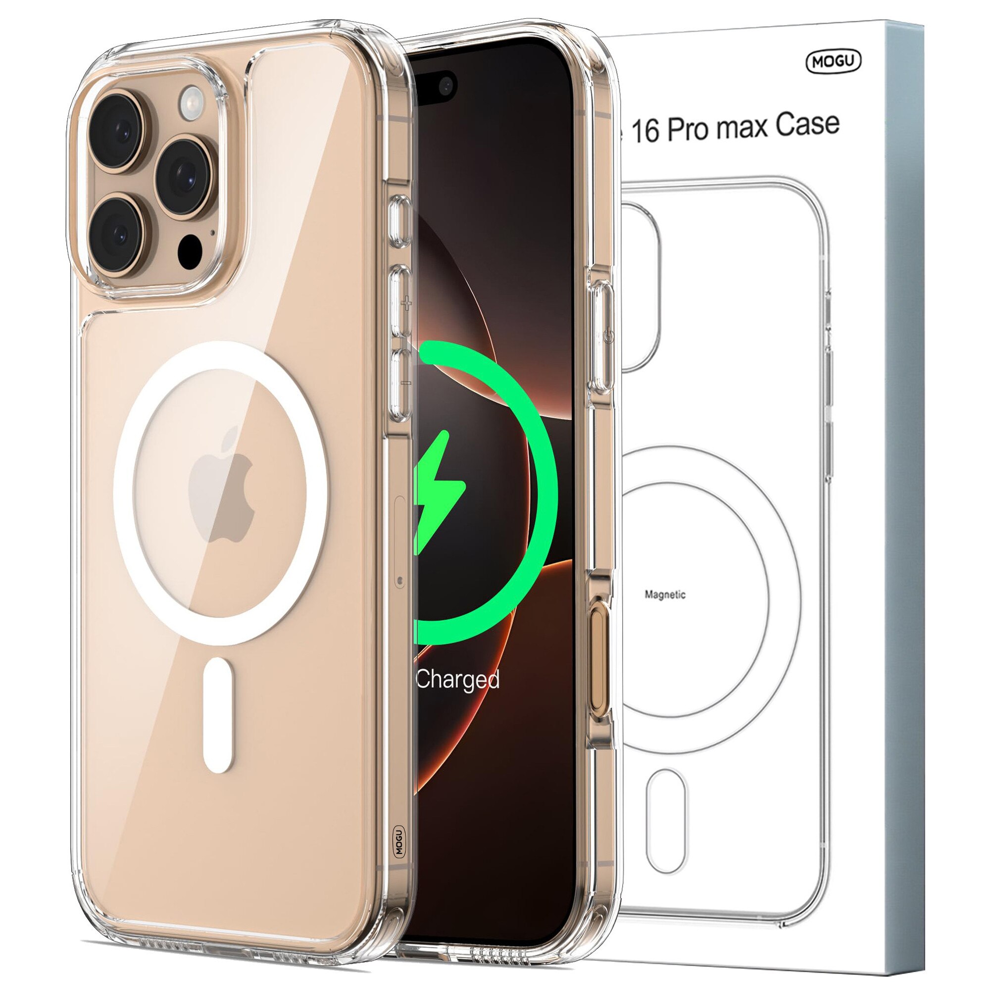 Husa de Protectie MagSafe, MOGU, Compatibil iPhone 16 pro max, impermeabila, rezistenta la zgarieturi, airbag anti-cadere, absorbtie de soc anti-coliziune pe patru fete, din material PC+TPU pentru rezistenta la ingalbenire, grosime 1,5mm, transparenta